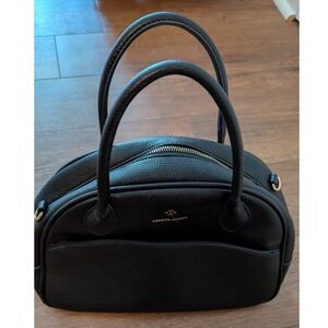 Nanette Lepore Black Pebbled Vegan Leather Dome Satchel Gold Hardware Handbag